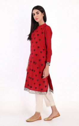 Red Dyed Cambric Embroidered Kurti